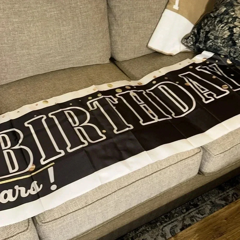 happy 10th birthday party celebration hanging plastic banner black/white/gold